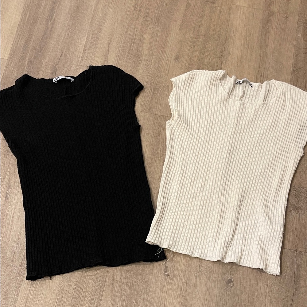 BUNDLE: Zara Black and Cream Ribbed Short Sleeve Tops